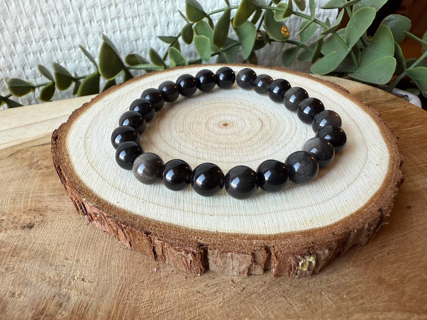 Bracelet OBSIDIENNE ARGENTEE - perles de 8mm