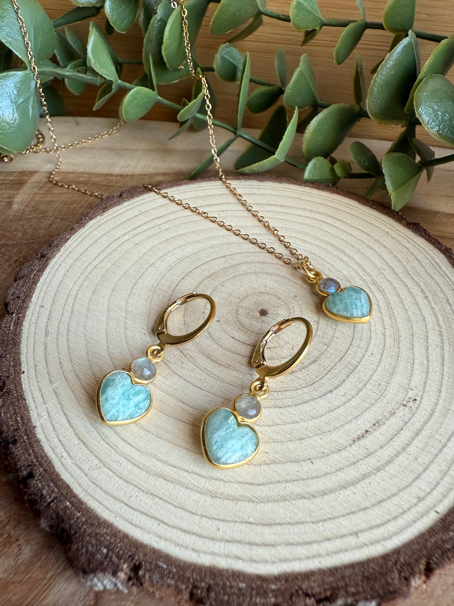 Coffret Boucles / Pendentif Coeur - Amazonite & Labradorite