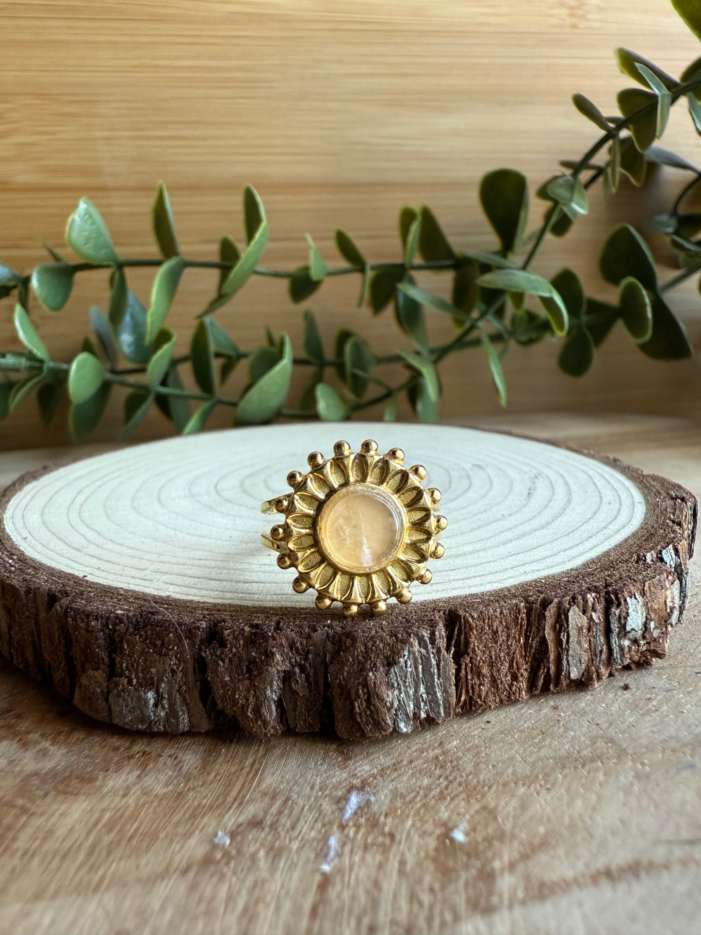 Bague soleil et Pierres - Acier inoxydable doré