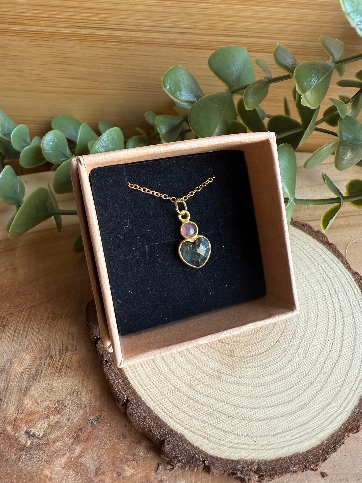 Pendentif Coeur - Labradorite & Tourmaline rose