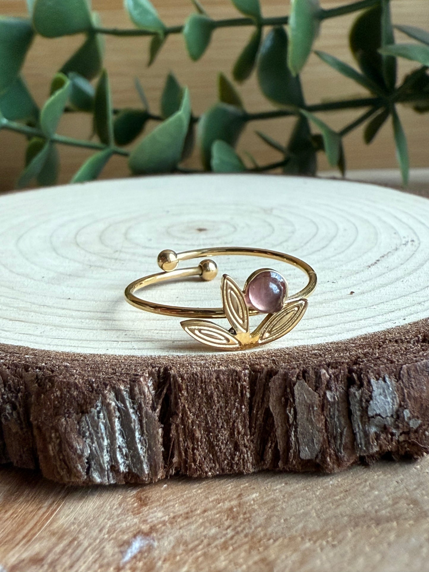 Bague fine feuilles et pierres - Acier inoxydable doré