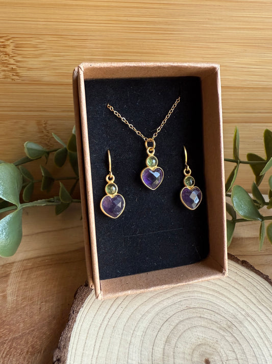 Coffret Boucles / Pendentif Coeur - Améthyste & Péridot