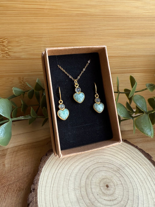 Coffret Boucles / Pendentif Coeur - Amazonite & Labradorite