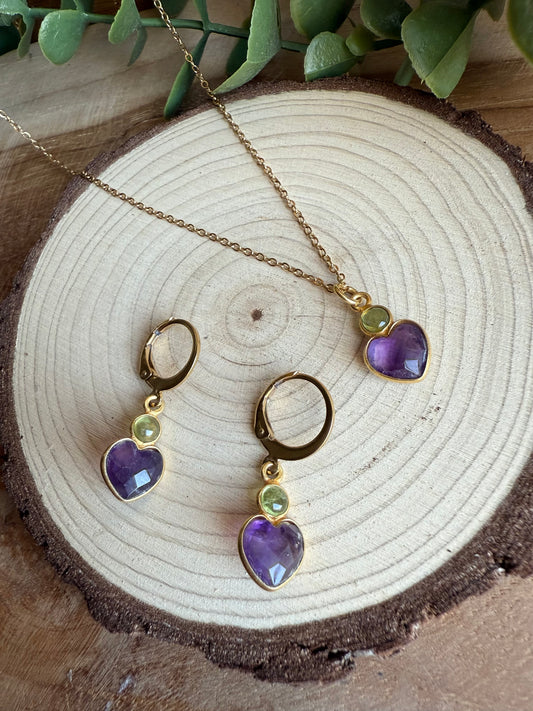 Coffret Boucles / Pendentif Coeur - Améthyste & Péridot