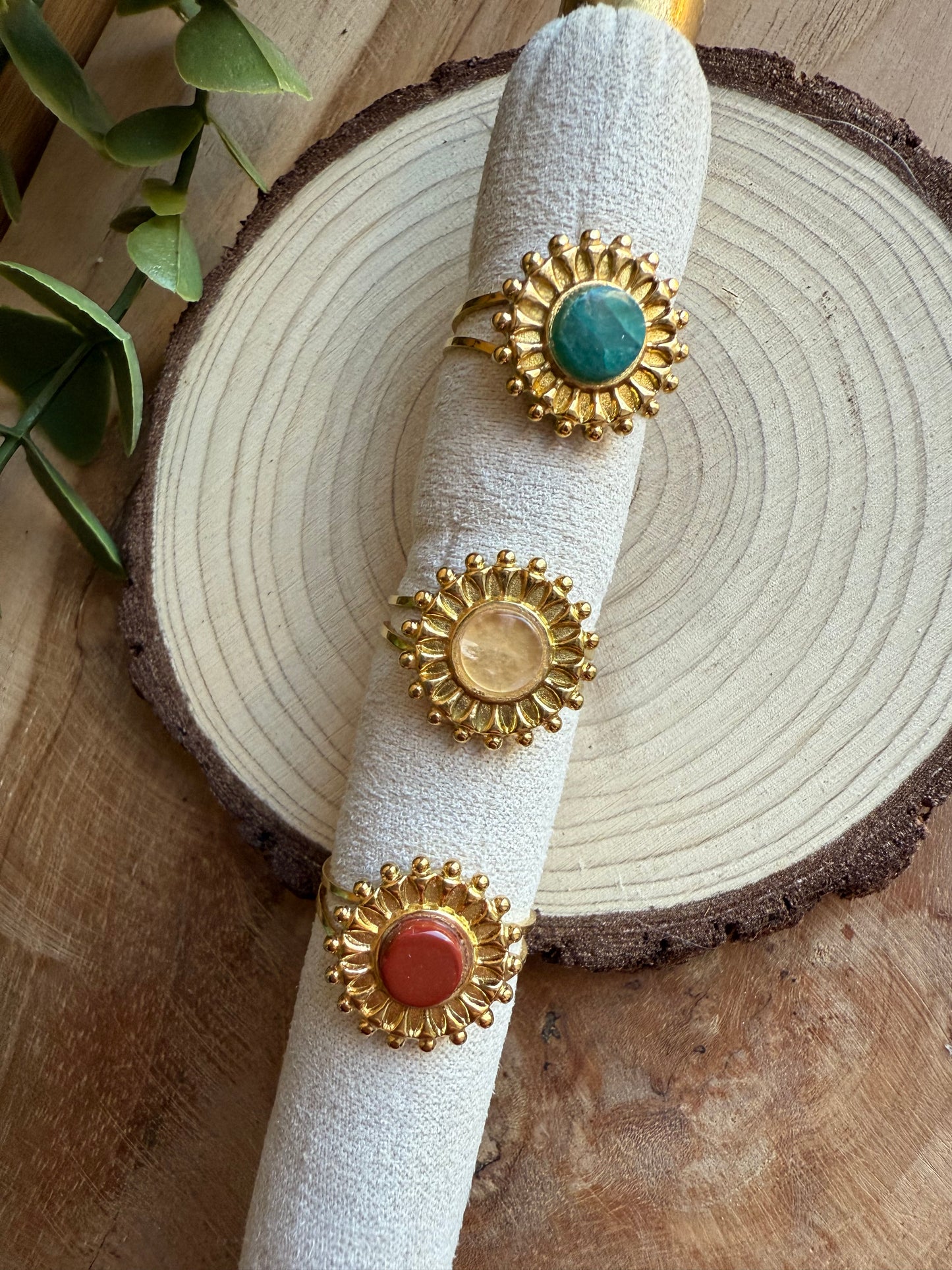 Bague soleil et Pierres - Acier inoxydable doré