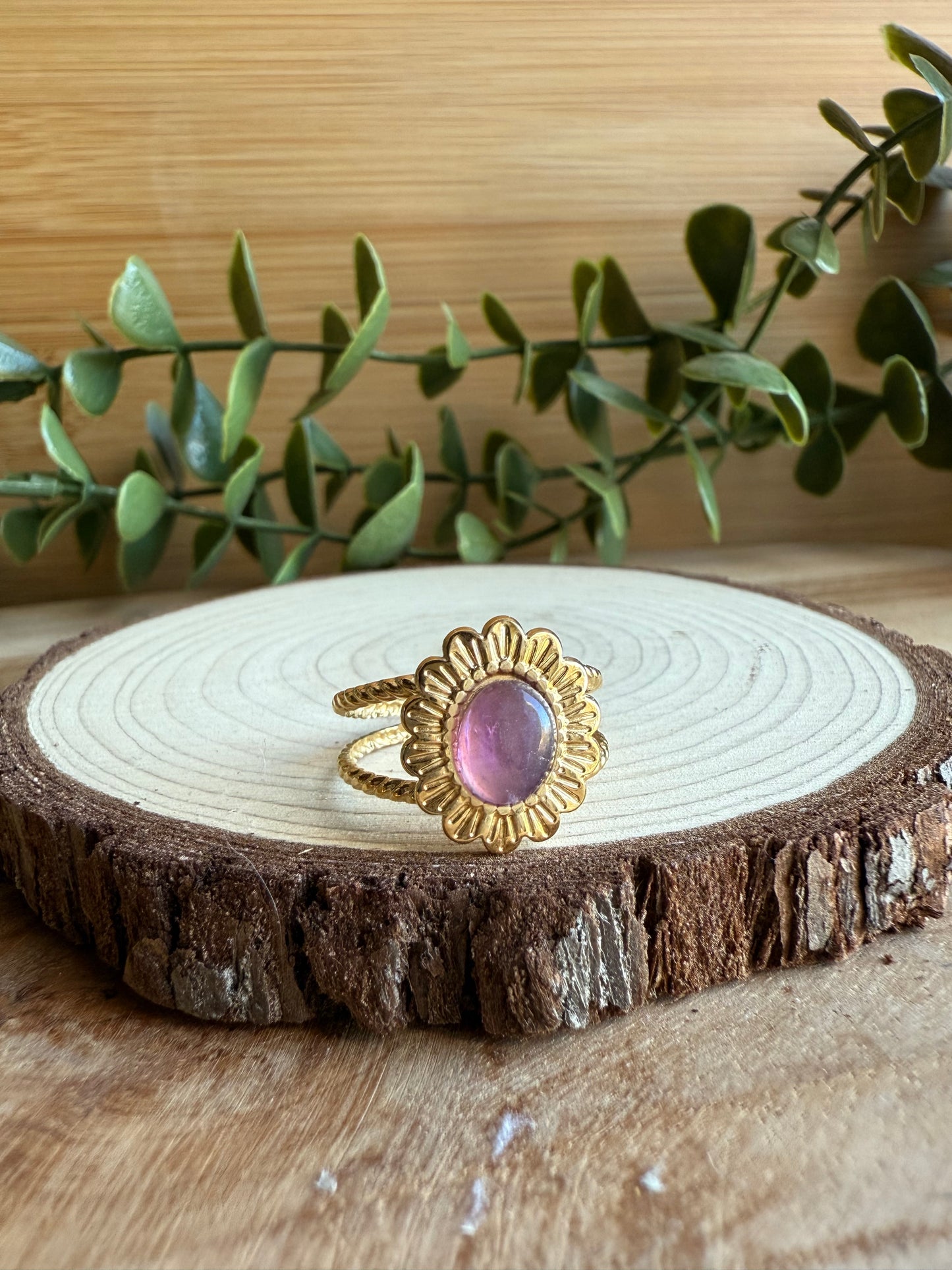 Bague fleur et Pierres - Acier inoxydable doré