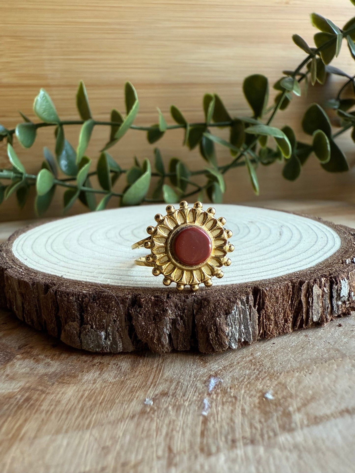 Bague soleil et Pierres - Acier inoxydable doré