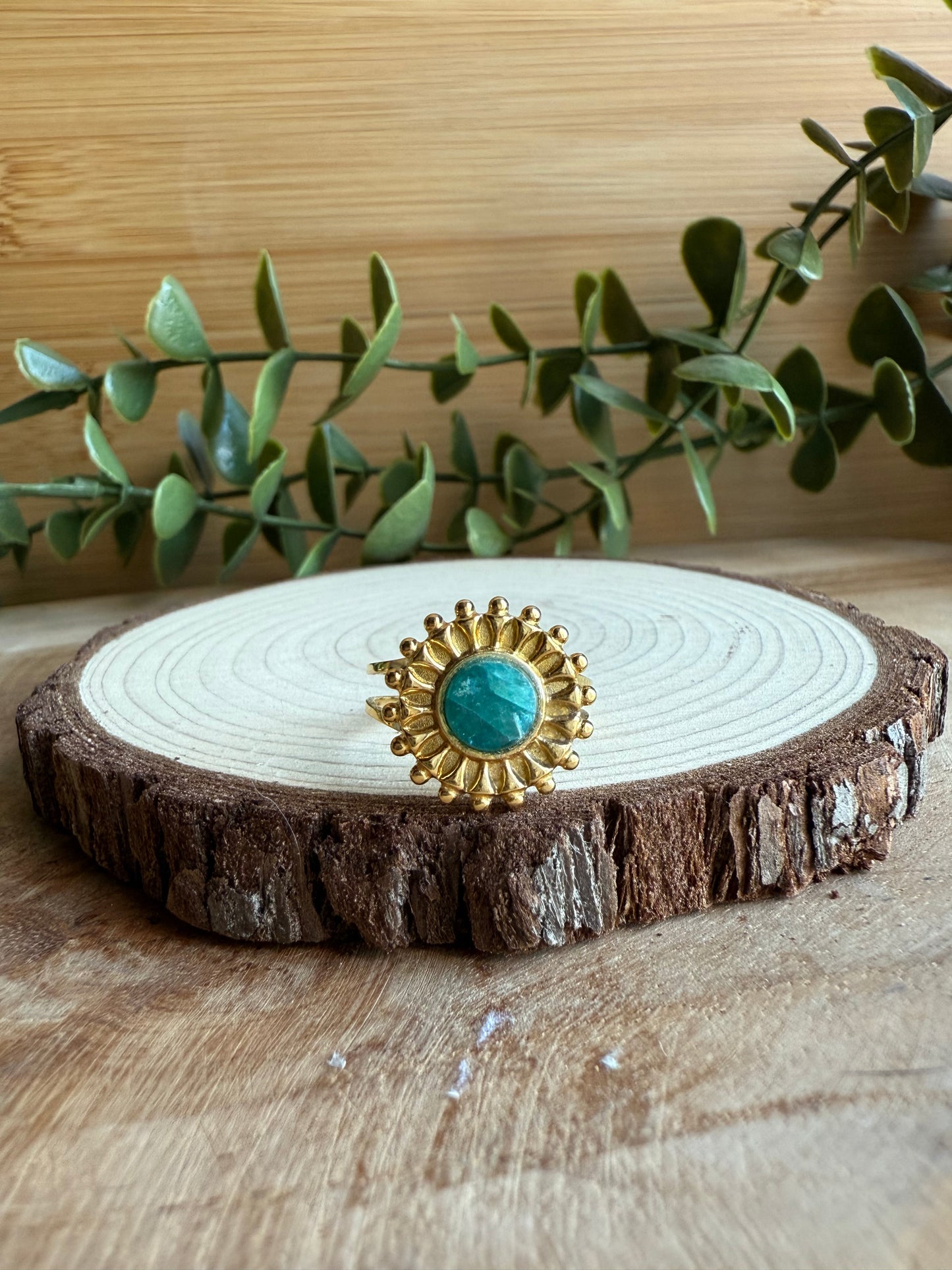 Bague soleil et Pierres - Acier inoxydable doré