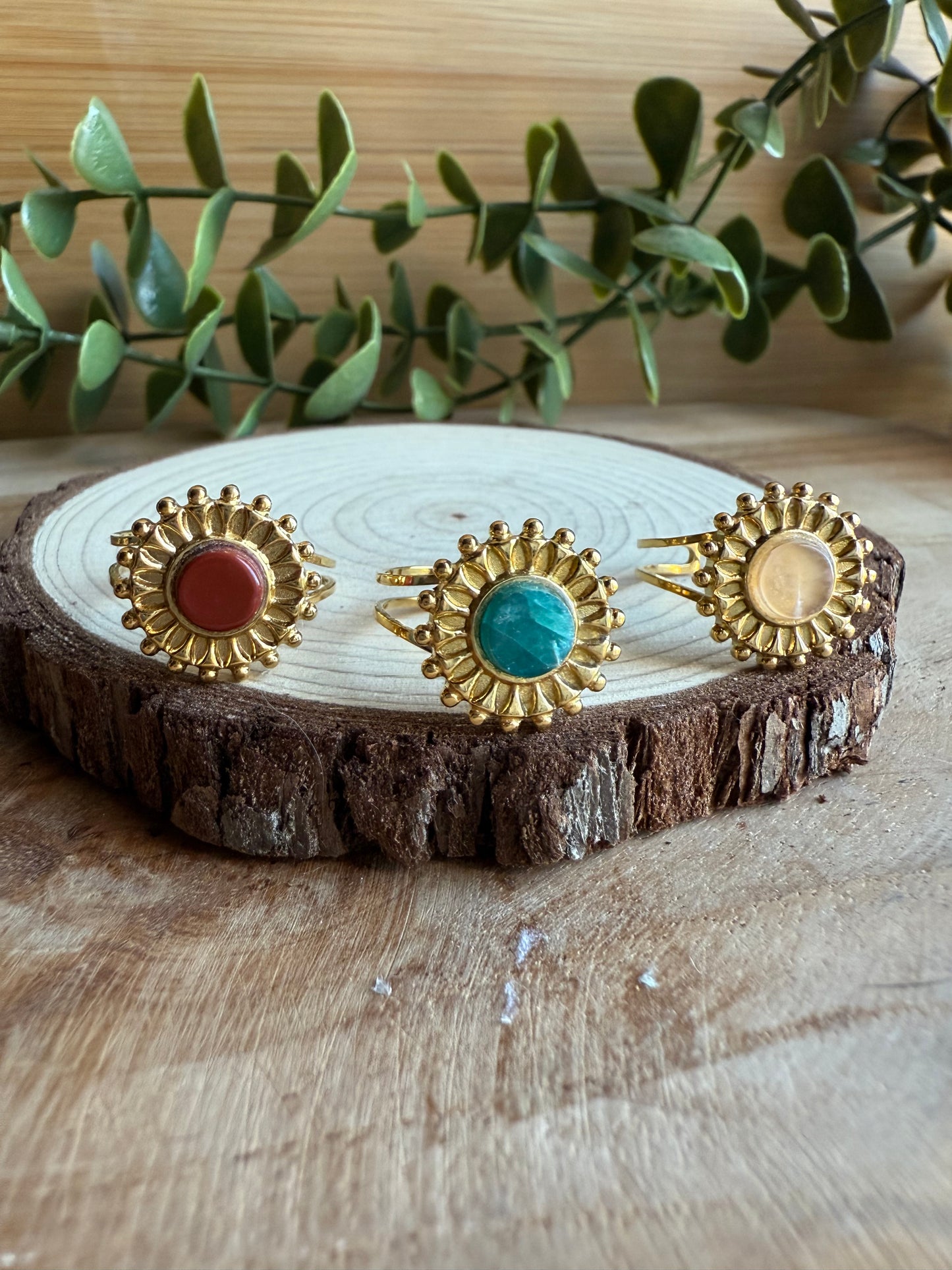 Bague soleil et Pierres - Acier inoxydable doré