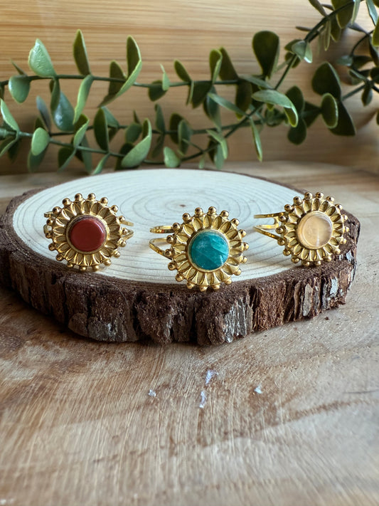 Bague soleil et Pierres - Acier inoxydable doré