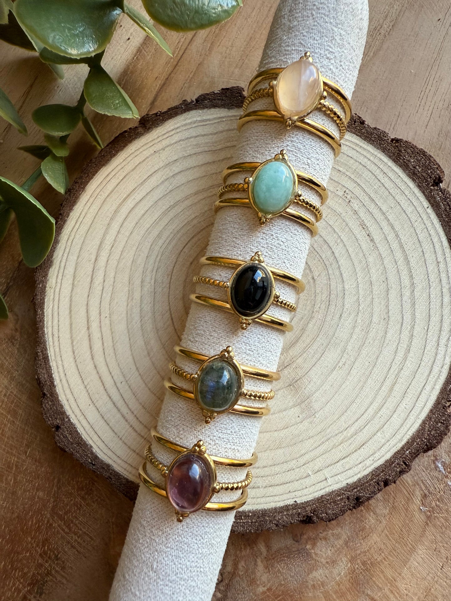 Bague Ethnique et Pierres - Acier inoxydable doré