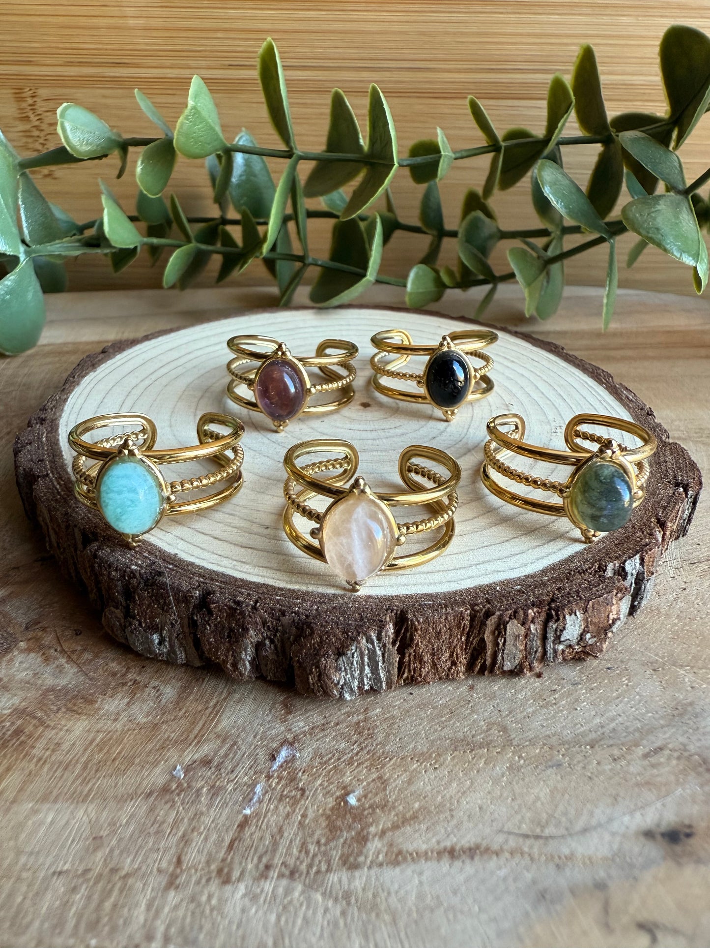 Bague Ethnique et Pierres - Acier inoxydable doré