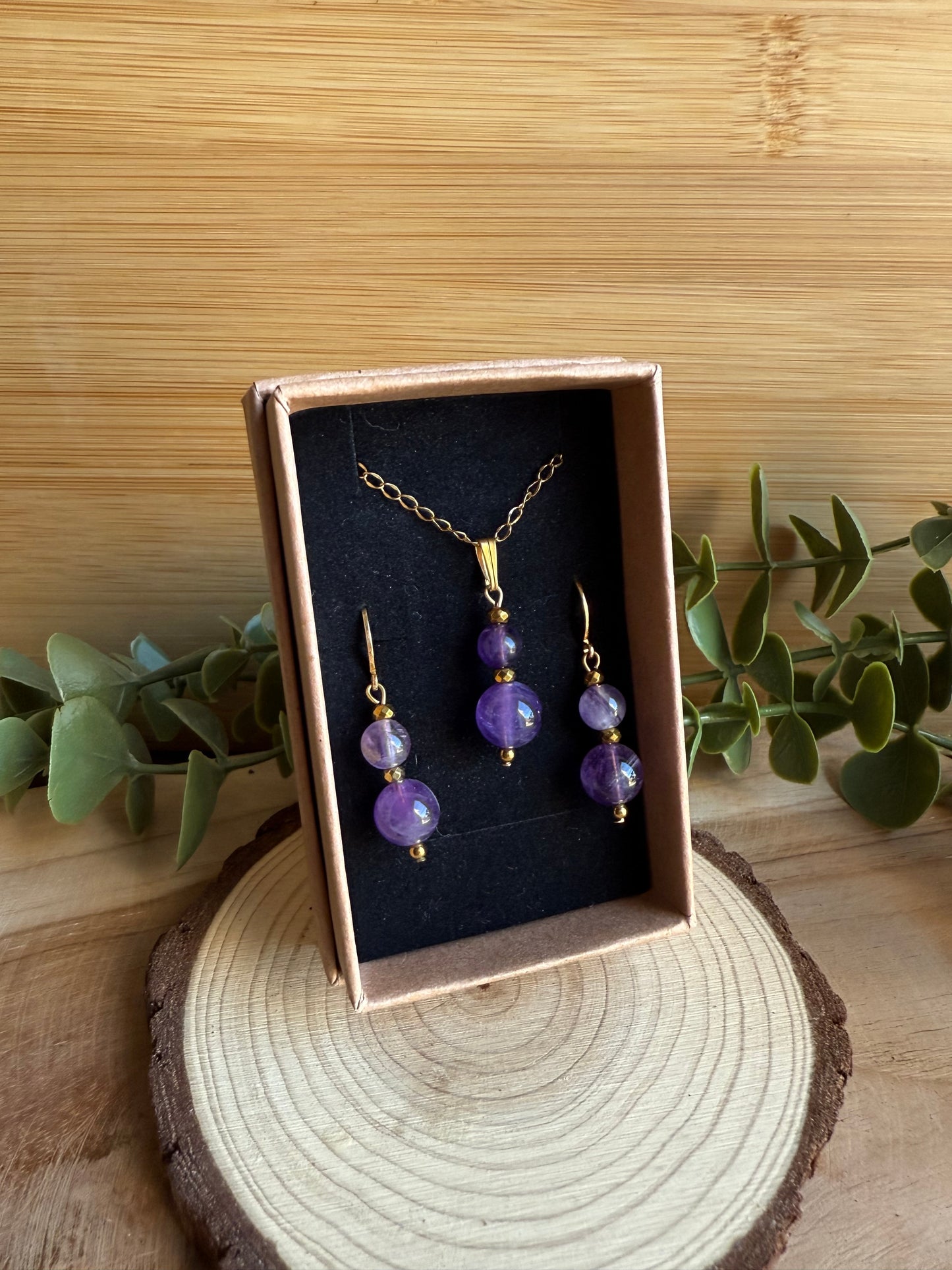 Coffret Boucles / Pendentif - Améthyste