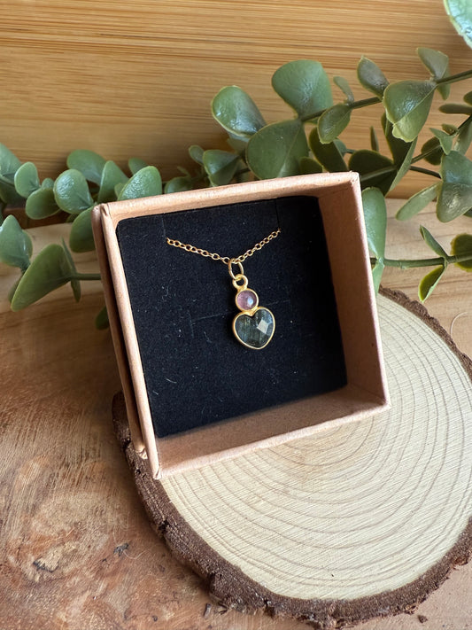 Pendentif Coeur - Labradorite & Tourmaline rose