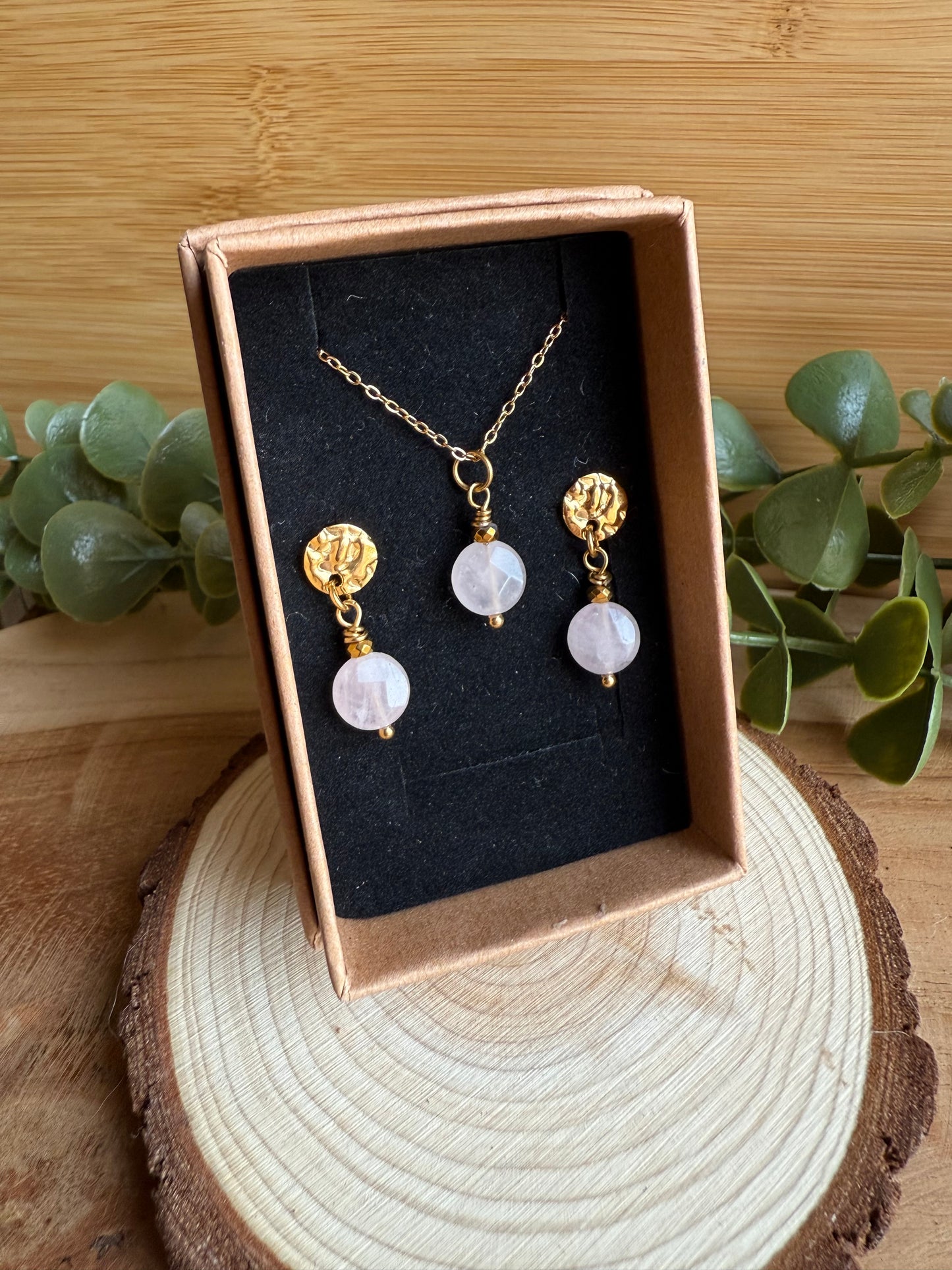 Coffret Clous d'oreilles / Pendentif - Quartz rose
