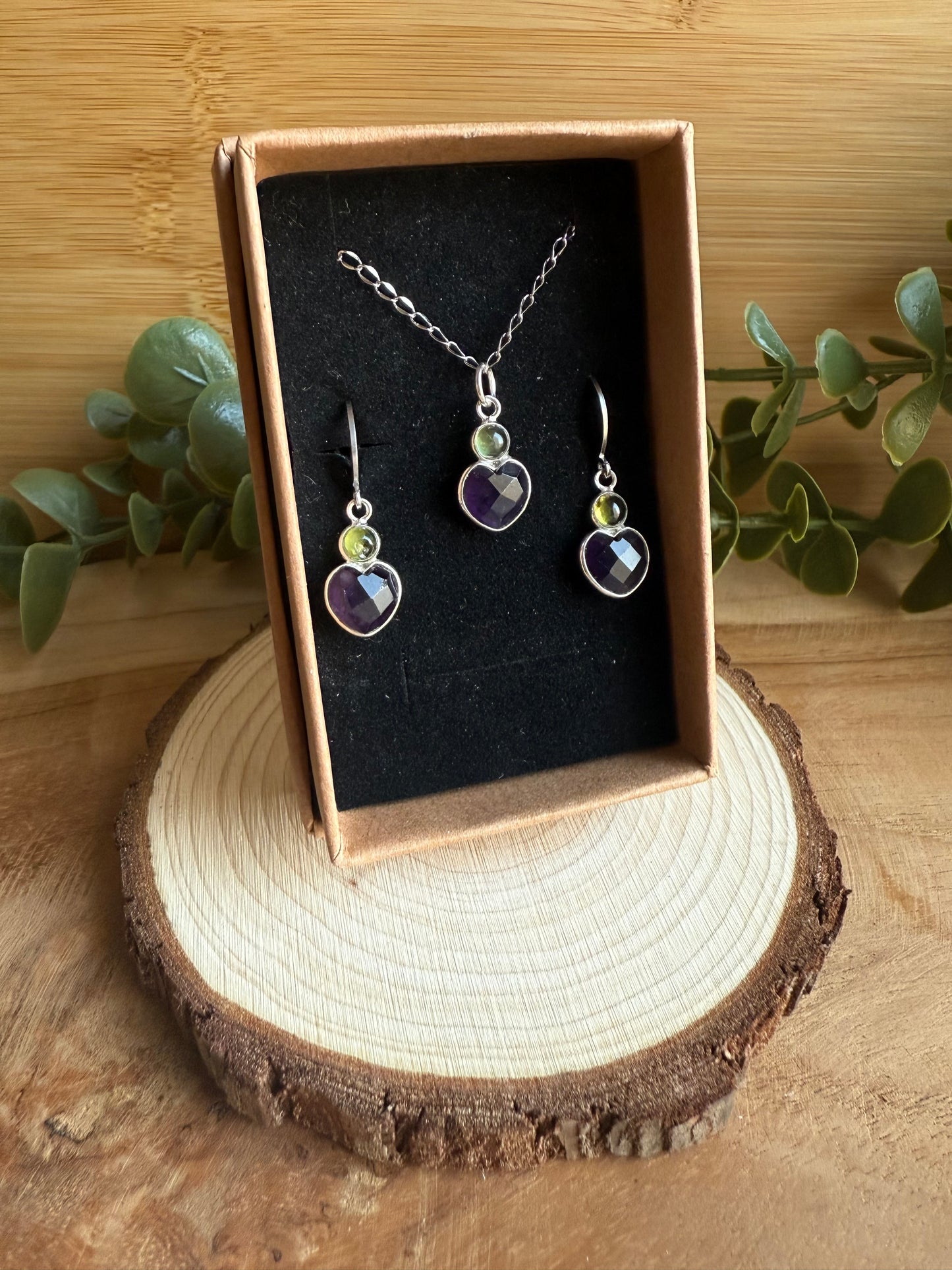 Coffret Boucles / Pendentif Coeur en Argent 925 - Améthyste & Péridot