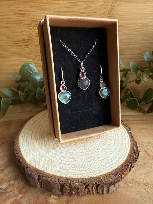 Coffret Boucles / Pendentif Coeur en Argent 925 - Labradorite & Tourmaline rose