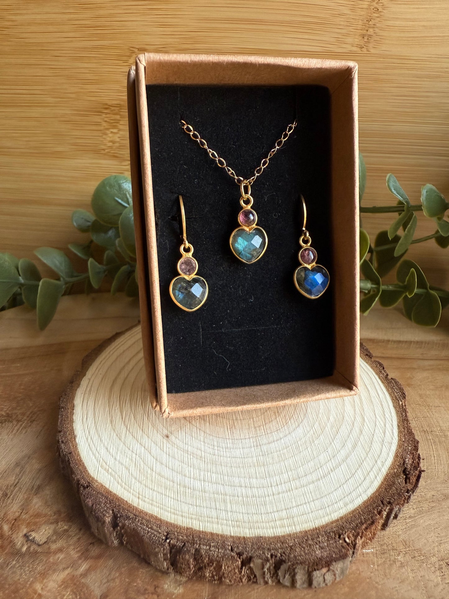 Coffret Boucles / Pendentif Coeur - Labradorite & Tourmaline rose